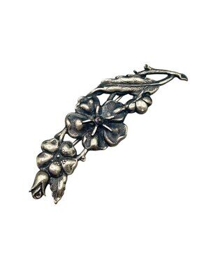 Vintage Flowers Pin Brooch Detailed Botanical Flower Vine Motif With Blossoms